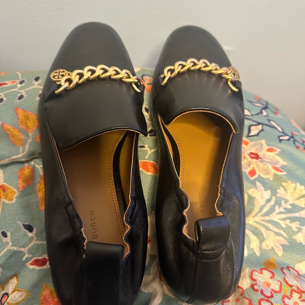 Tory Burch Black Flats with Gold Chain Detail